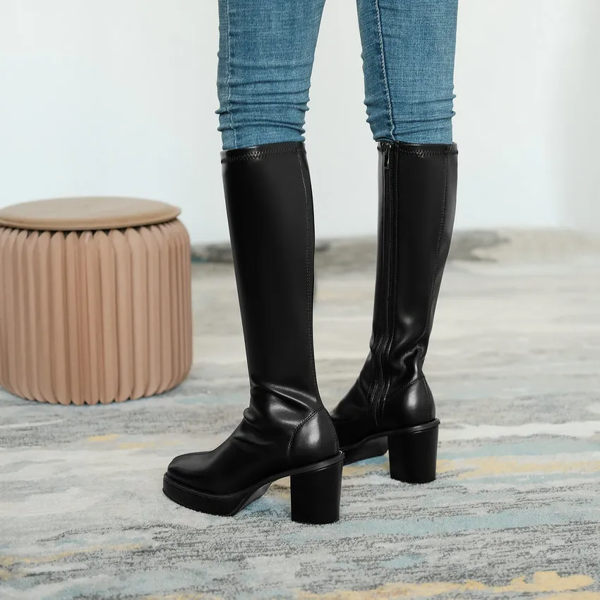Knee Boots Heel Women's Square Below 2024 Winter Solid Color Fashion Warm Women Shoes Comfortable With Side Z 55_voghion.com