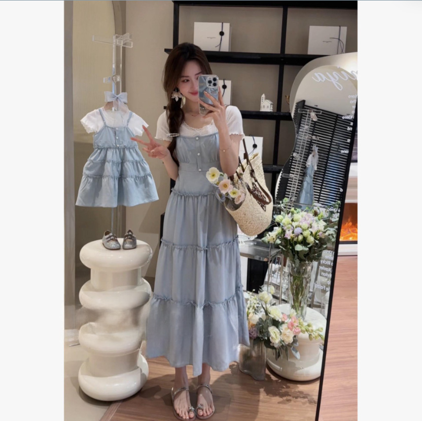 Rochie de familie pentru mame și copii, rochie de vară cu dantelă, cu imprimeu floral, pentru mamă și fiică, fustă minimalistă cu flanșe din două piese_voghion.com