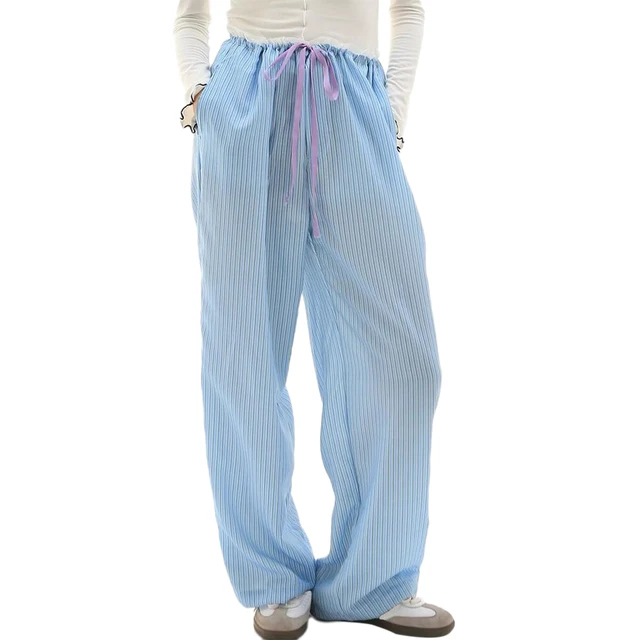 Pantalon de survêtement décontracté à rayures amples taille basse Puloru pour femme, pantalon long à taille élastique avec cordon de serrage, coupe droite pour l'été_voghion.com
