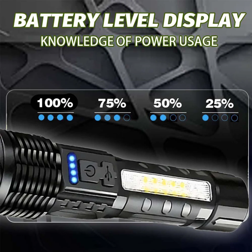 Lampe torche LED rechargeable, lampe torche portable ultra-lumineuse, 7 modes avec éclairage de travail COB, lampe torche tactique pour la maison_voghion.com