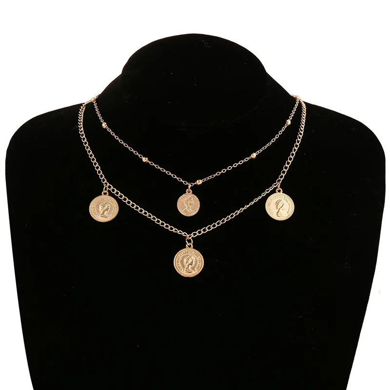 Colliers pendentifs pour femmes, double couche, chaîne de clavicule, simplicité, géométrique, multi-relief, portrait, pièce de monnaie pour femmes_voghion.com