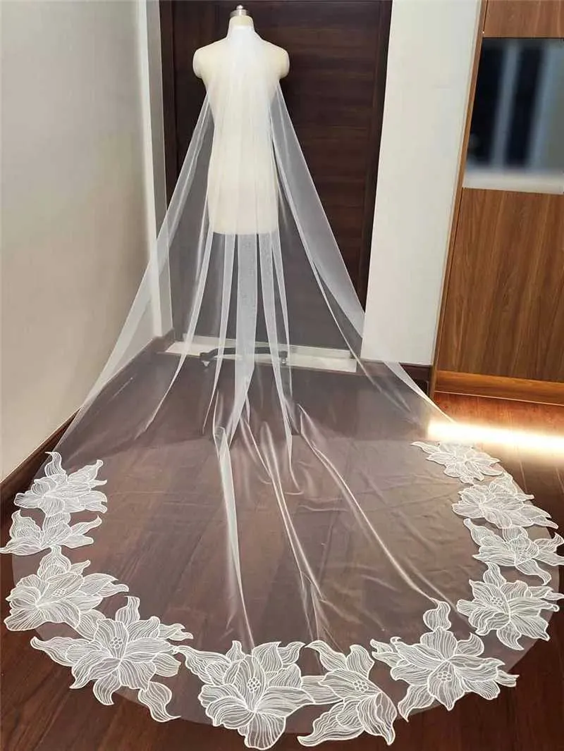 Gioielli per capelli, pizzo floreale romantico con pettine, singolo strato, 3 metri di lunghezza, velo da sposa color avorio, accessori per la sposa_voghion.com