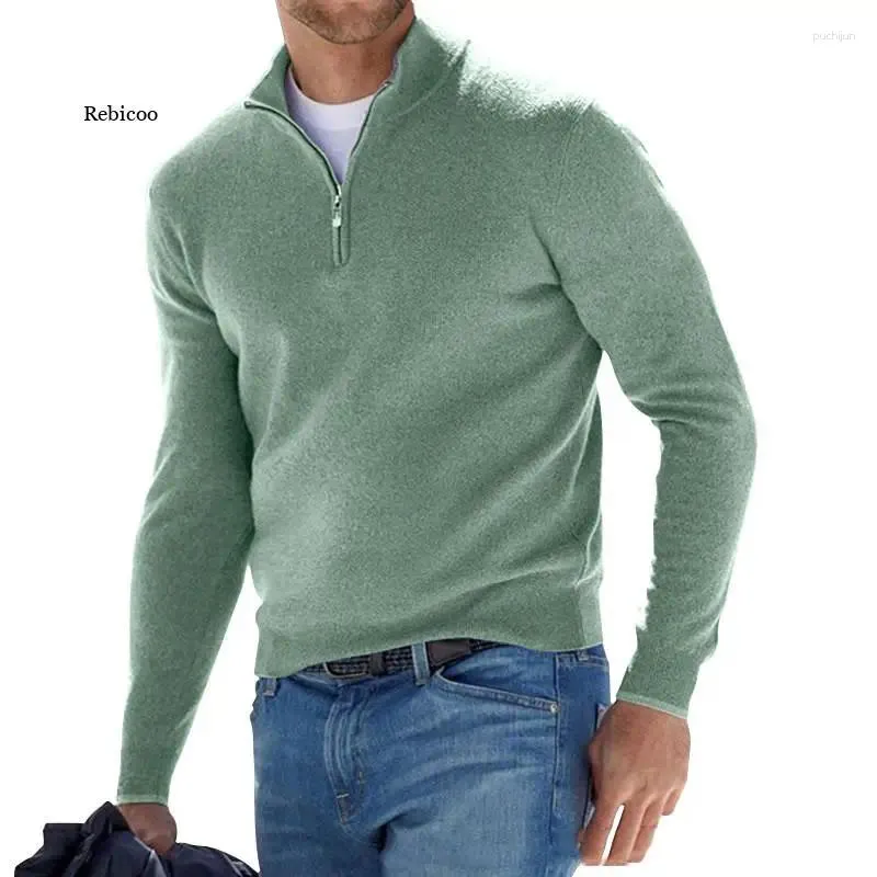 Maglioni da uomo, maglione in lana con cerniera a un quarto, manica lunga, caldo, tinta unita, per esterni, autunno e inverno_voghion.com