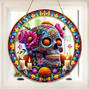 Vibrant Sugar Skull Suncatcher - 9" Stained Acrylic Art. Festive Decor For Dia De Muertos Celebrations Or Cafe Spaces._voghion.com