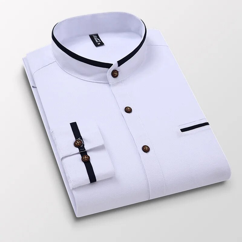 Herr Långärmad Stand Oxford Business Dress Casual Skjorta Slim Fit Märke Weeding Vit Blå Herrskjorta 5XL DS414_voghion.com