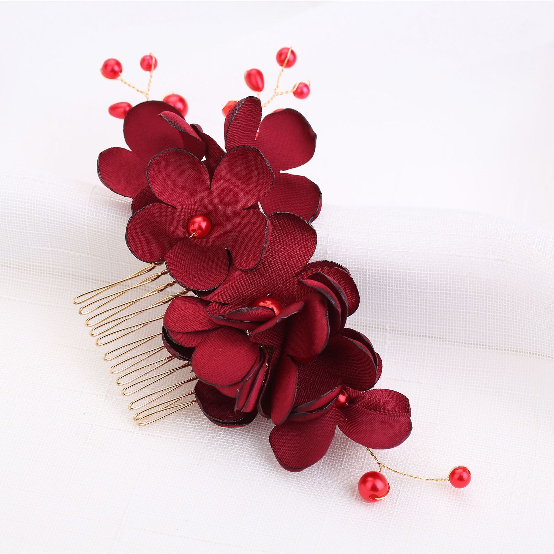 Pettine per capelli con perle in tessuto fiore rosso da sposa coreano accessori da sposa transfrontalieri copricapo accessori per capelli lotto pettine_voghion.com