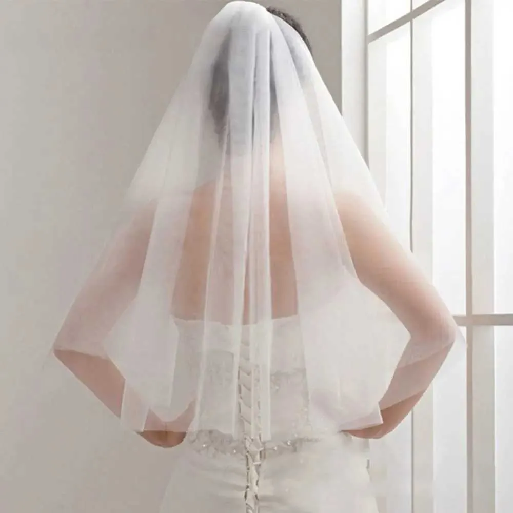 Gioielli per capelli Uno strato Bordo taglio corto Tulle Velo da sposa economico Semplice Velo da sposa bianco avorio Accessori da sposa_voghion.com