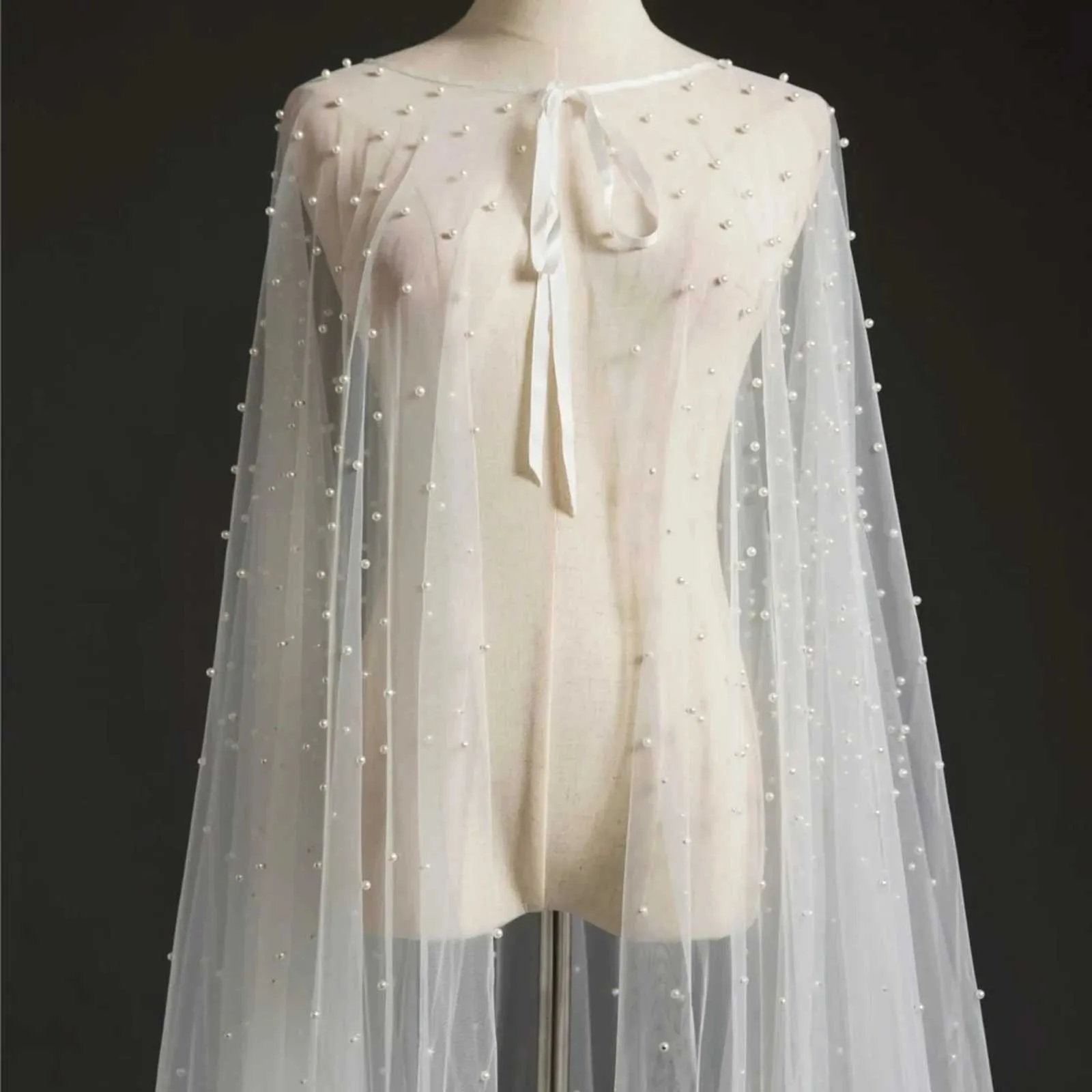 Hair Jewelry Womens Pearls Bridal Shoulder Veil Long Cloak Evening Cape Jacket For Women Bolero Soft Tulle Shawl Wedding_voghion.com