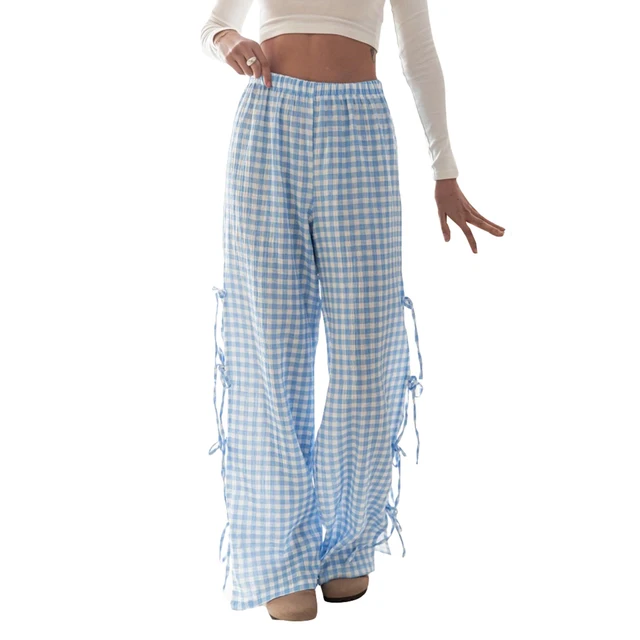 Pantaloni largi pentru femei, casual, lejeri, cu picior larg, solizi/în carouri/dungi, cu fundă laterală, cu bandă elastică la mijloc, pantaloni lungi largi pentru relaxare_voghion.com