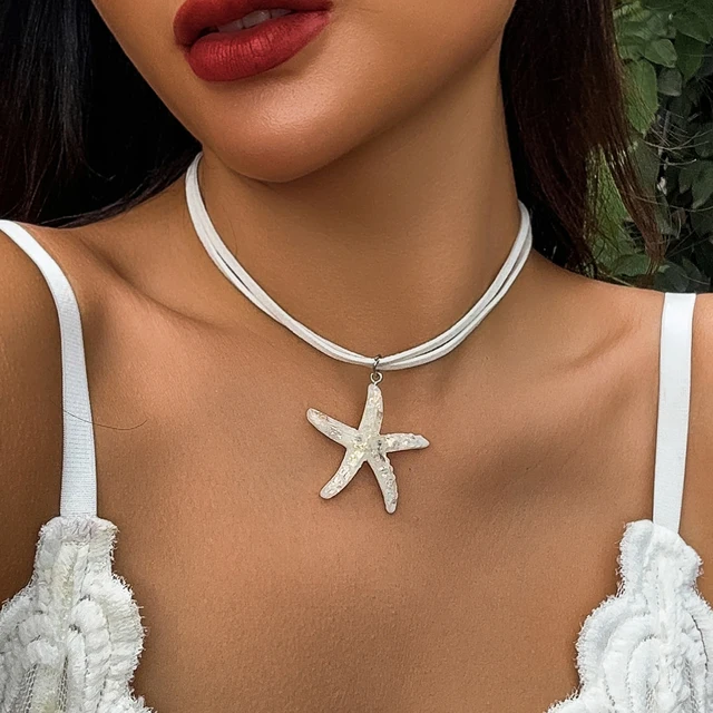Collana con ciondolo a forma di stella marina grande con catena in corda bianca multistrato Boho per donna, girocollo estivo Kpop Y2K_voghion.com