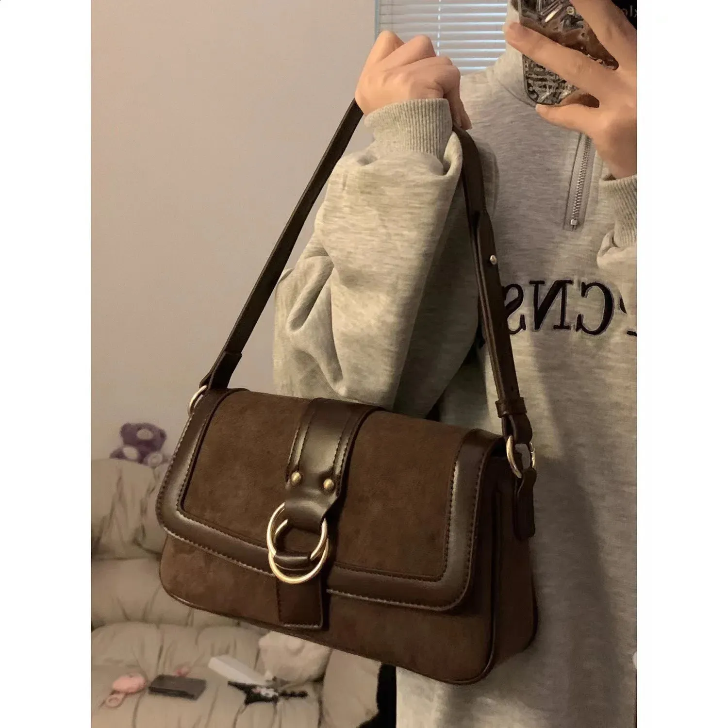 Vintage Brown Shoulder Bags for Women Trendy Flap Frosted Underarm Lady Casual Out Crossbody Bag and Purses 240924_voghion.com