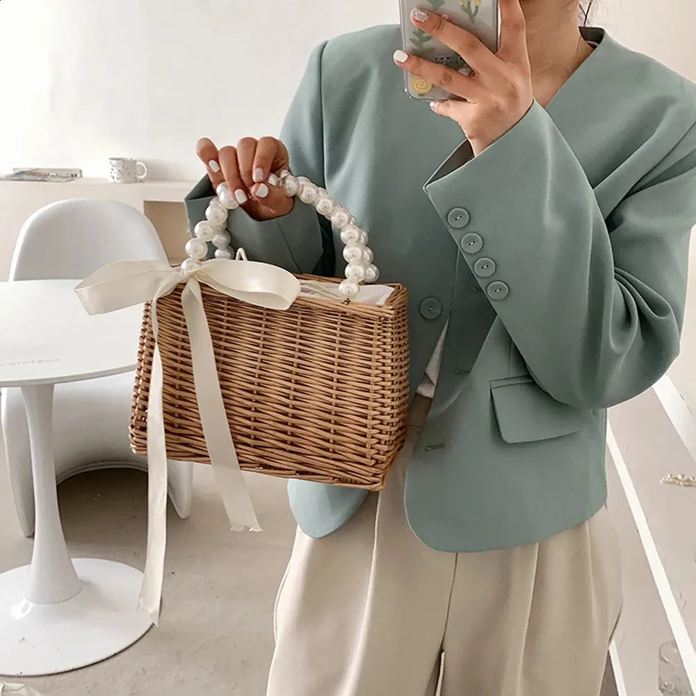 Damen Stroh und Handtaschen Sommer Rattan Handgemachte Tragetaschen Damen Bänder Sommer Strandkorb Perlen Reisetasche_voghion.com