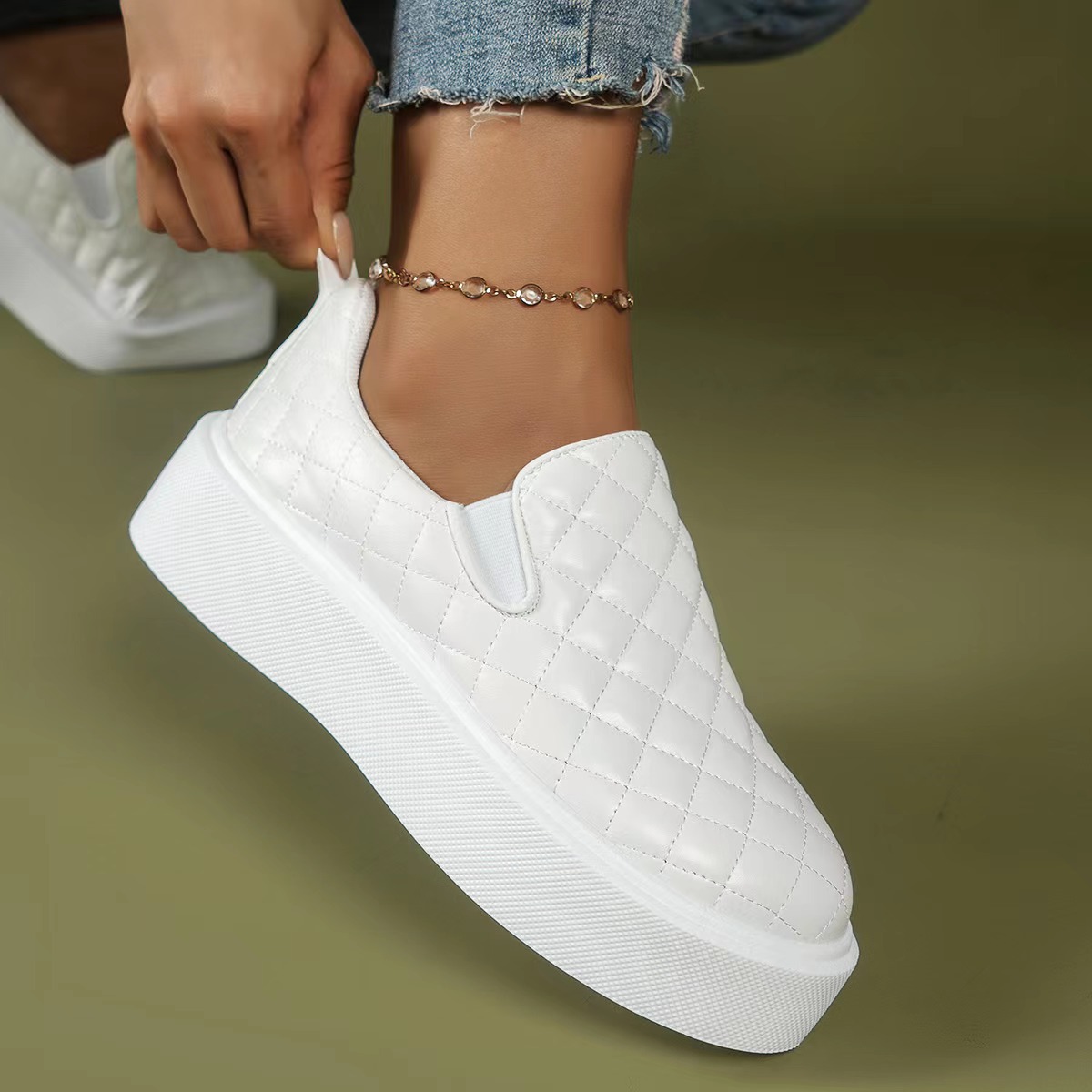 Damenmode große Größe flache flache runde Kopf niedrige karierte Einzelschuhe für Frauen einfache einfarbige Fußset faule Halbschuhe_voghion.com