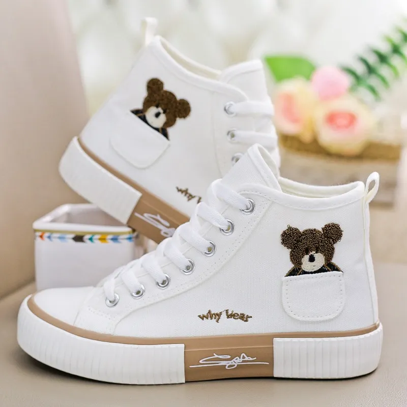 Comemore High-Top Canvas Frau Vulkanisierte Schuhe Wohnungen Casual Espadrilles Für Frauen Frühling Dame Schwarz Weiß Bär Lace Up_voghion.com