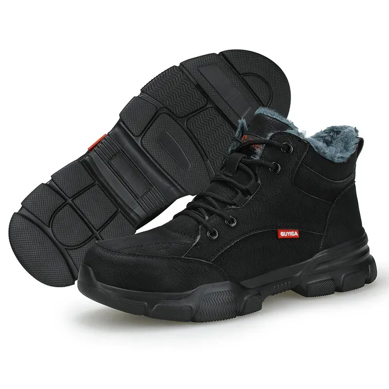 Bottes de sécurité en cuir noir pour homme, chaussures de travail imperméables et résistantes à la pression des clous, bout en acier inoxydable_voghion.com