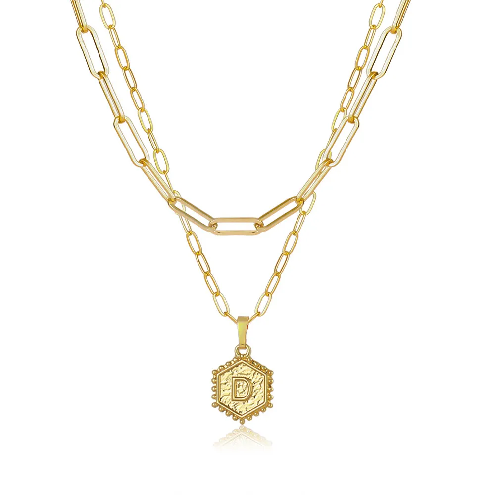 Colliers pendentifs délicats superposés avec initiales pour femmes, chaîne en or avec trombone, collier ras du cou simple avec lettres hexagonales_voghion.com