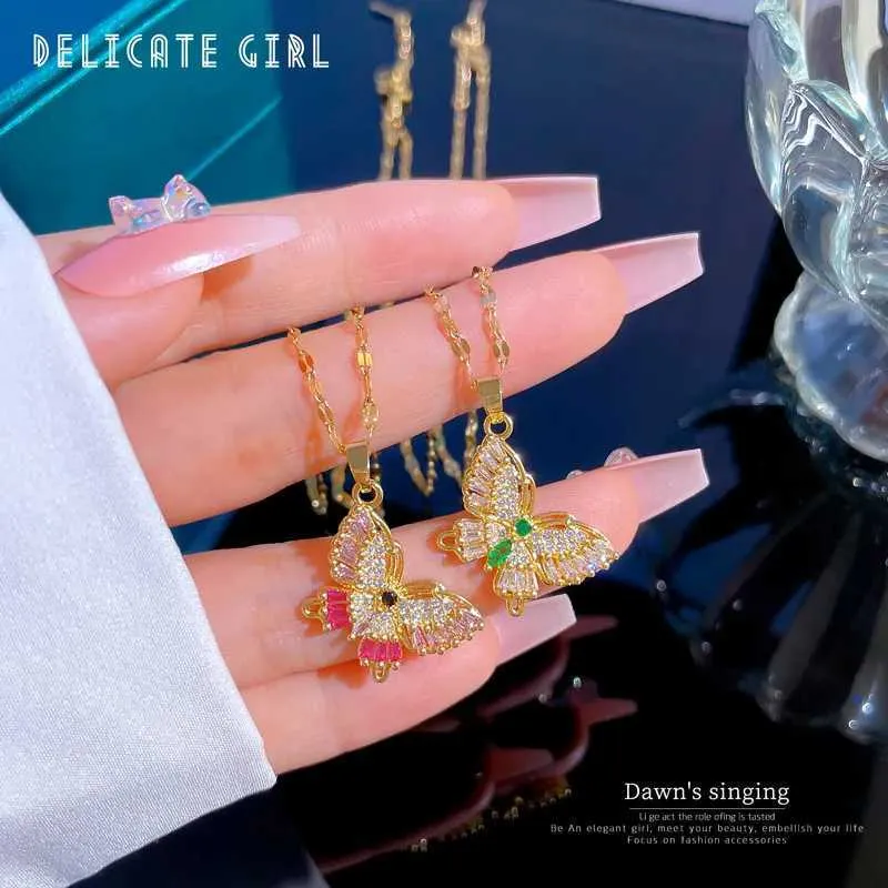 Collane in acciaio inossidabile, elegante collana con ciondolo a farfalla, catena con strass per donna, girocollo con cristalli scintillanti_voghion.com