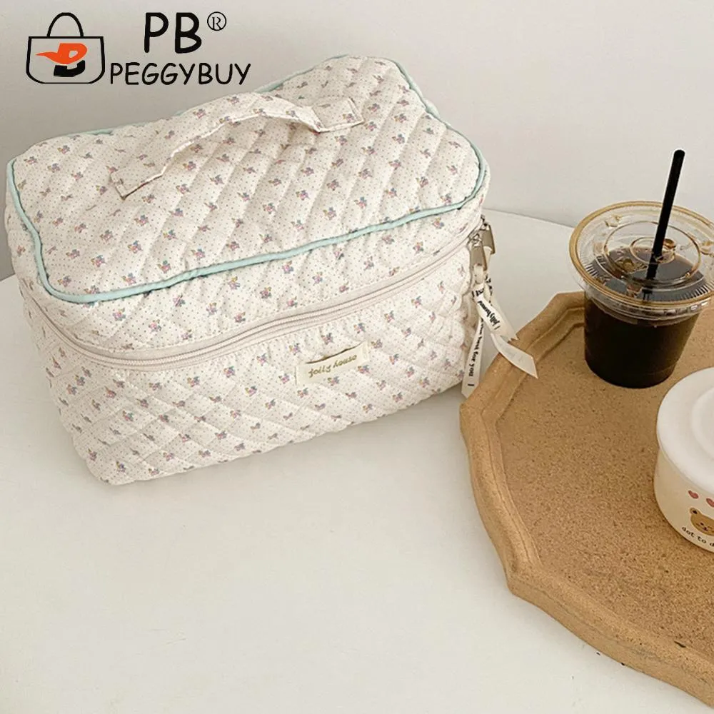 Trousse de toilette coréenne mignonne, portable, zippée, organiseur de voyage, trousse de maquillage matelassée, grande capacité, imprimé floral, pour femmes_voghion.com