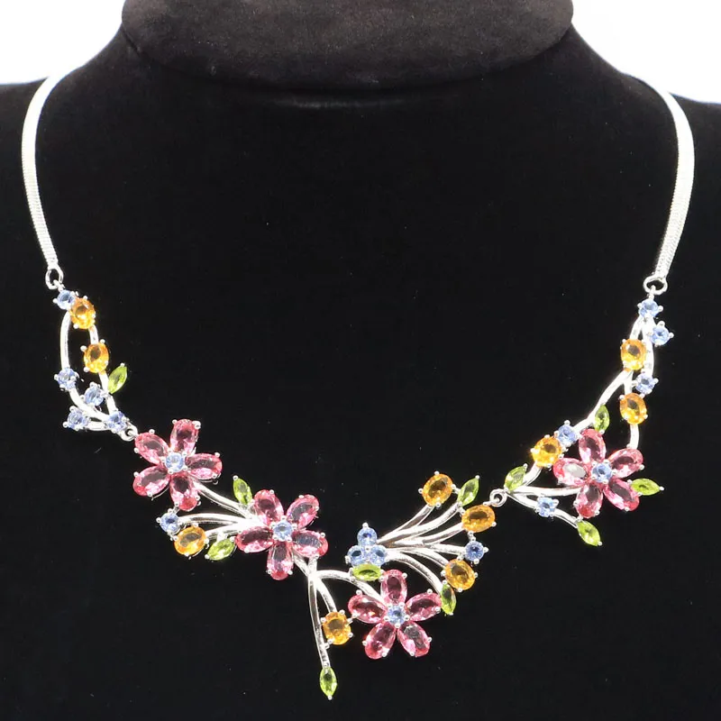 Lanțuri 24g COLIER DIN ARGINT SOLID Model floral multicolor Rodolit Granat Acvamarin Spinel Citrin Peridot_voghion.com