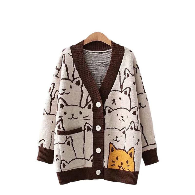 Women's Clothing Knitted cardigan jacket women's knitted new bear jacquard loose lazy style sweater_voghion.com