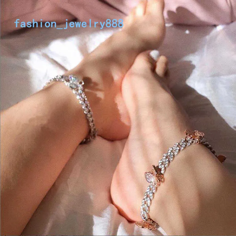 gül gümüş rengi cz küba bacak zinciri moda kadın bling buzlu bağlantı pembe kelebek bilezik takı_voghion.com
