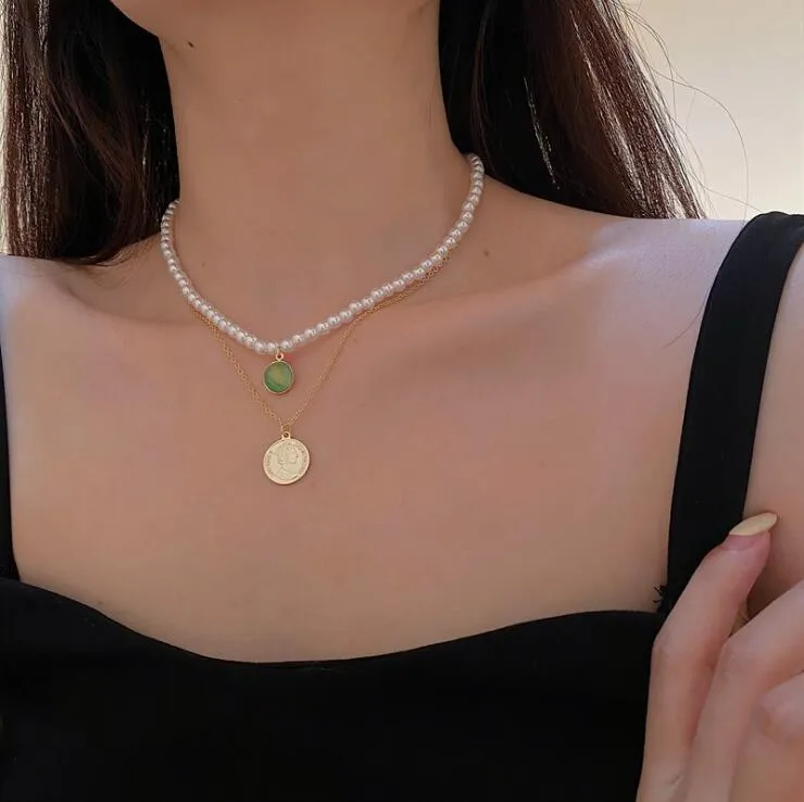 Hängshalsband 2 st/set Guldfärgad Pärla Mynt Grön Opal Halsband För Kvinnor Gotisk Kedja Dubbelskiktad Boho Halsband_voghion.com