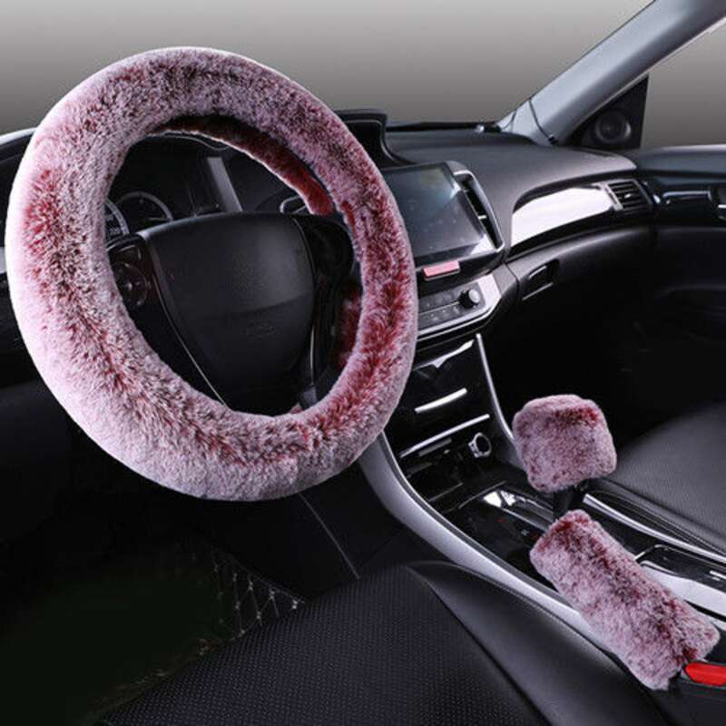 Steering Winter Otter Rabbit Fur Car Steering Wheel Plush Cartoon Handle Cover Three Piece Set Universal_voghion.com