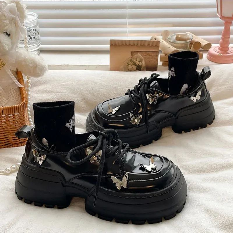 Butterfly Mary Jane Chunky Lolita Lace Up Platform Oxfords Women British Leather Student s Kawaii Shoes 240625_voghion.com