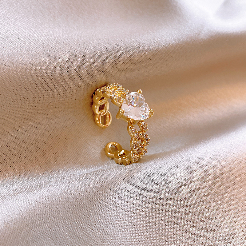 Real Gold Electroplated Zircon Heart Opening from South Korea Irregular Pearl Index Finger Ring Fashion and Elegant_voghion.com