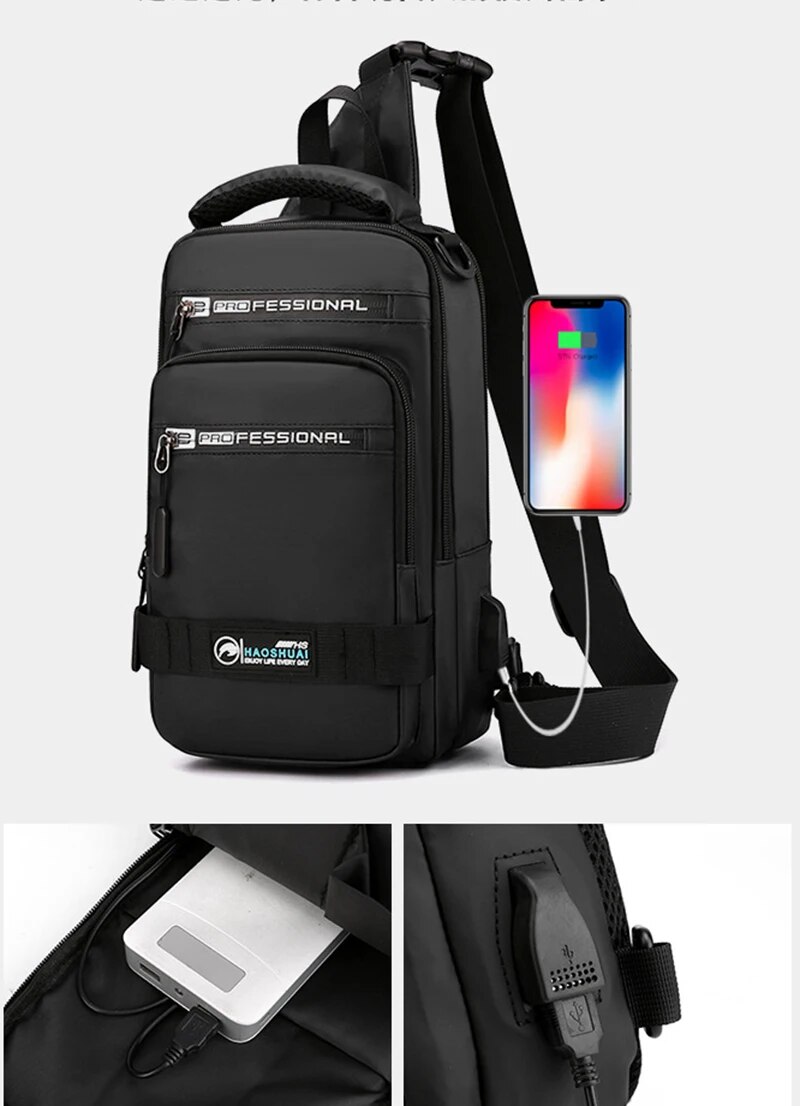 Mode Nylon Rucksack Daypack Männer Cross Body Brust Taschen Pack mit USB Lade Port Reise Männlichen Knapsack Rucksack_voghion.com