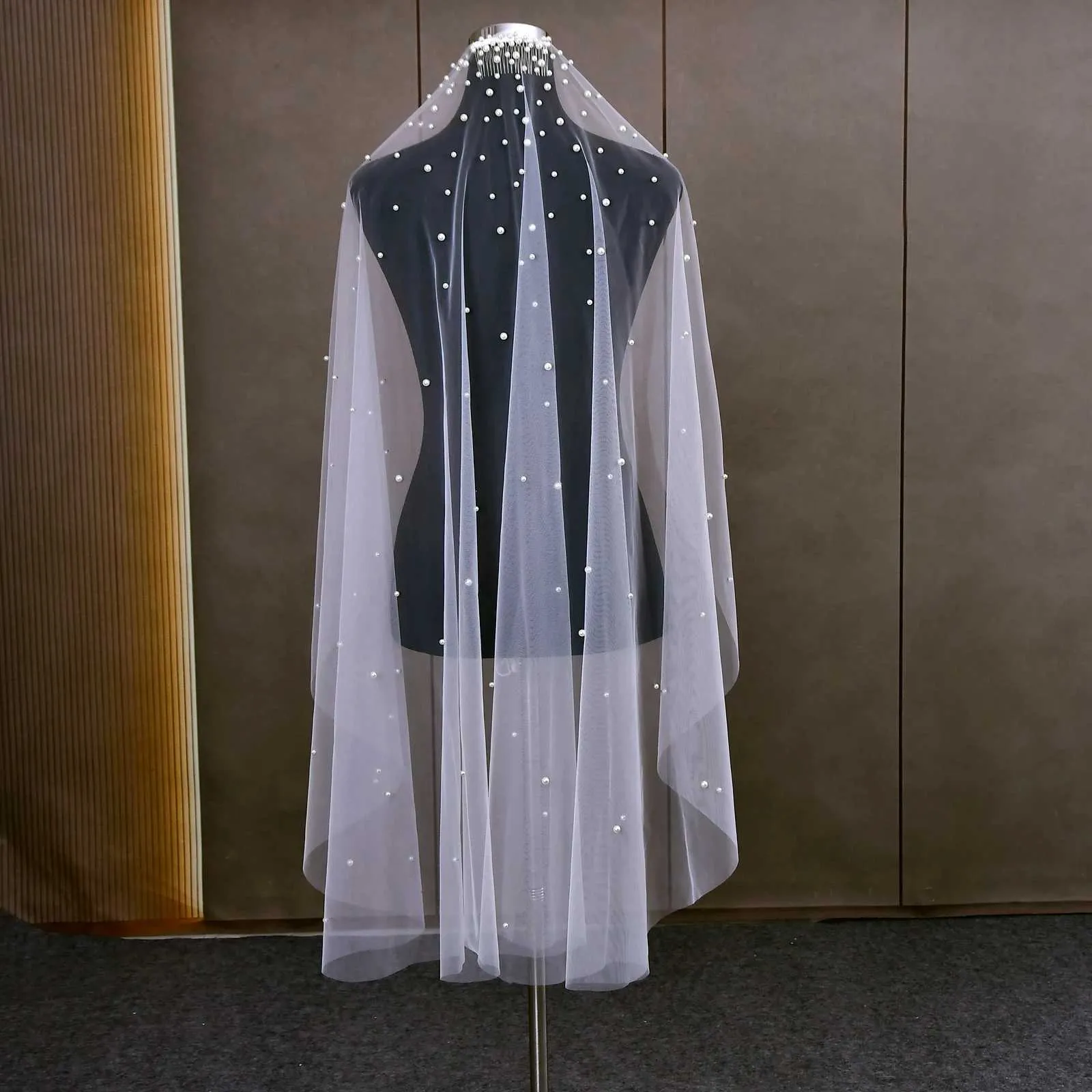 Voile de mariée à un niveau, perles, dégradé, accessoires pour cheveux, mantille de mariage pour église, V180_voghion.com