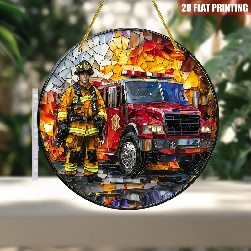 8x8in Firefighter Stained Glass Wall Art - Vibrant Fire Truck Acrylic Decor For Home & Garden - Perfect Gift For First Responders_voghion.com