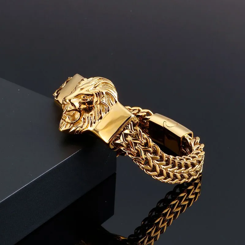Lion Head Cuban Link Chain Bracelet In Stainless Steel For Men_voghion.com