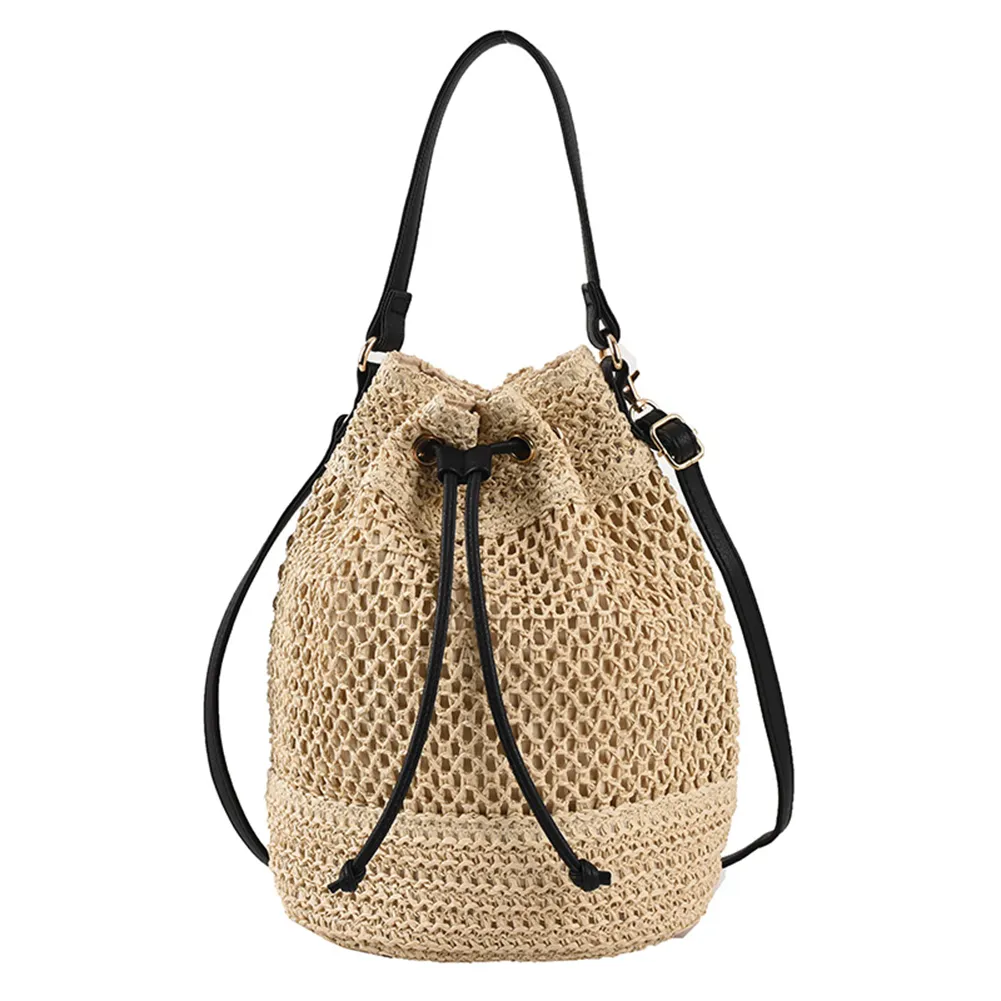 Summer Women Handbags Drawstring Straw Beach Crossbody Bags Adjustable Strap Fashion Casual Simple Elegant For Weekend_voghion.com