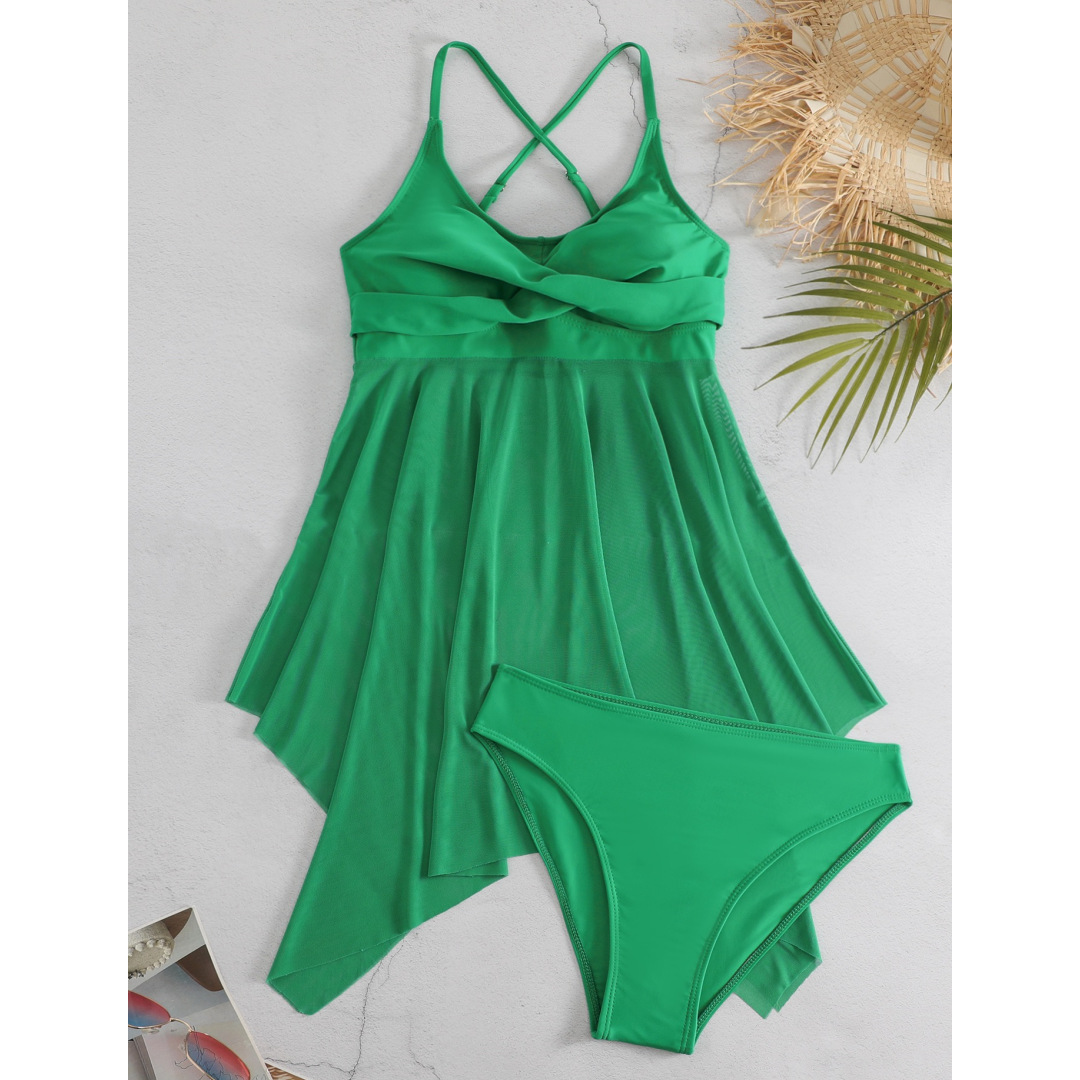 Dames Gauze Split Body High Waisted Mesh Badpak, Cross Top, Dubbele Schouderband_voghion.com