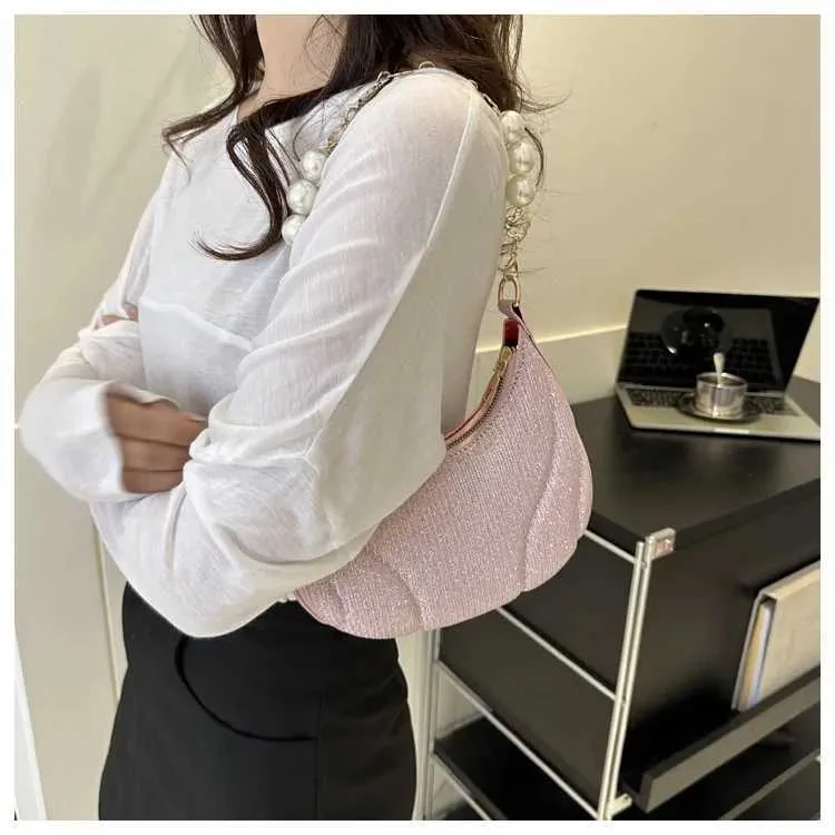 Sac à bandoulière simple en cuir PU pour femme avec chaîne en perles pailletées de couleur unie Ba241214_voghion.com