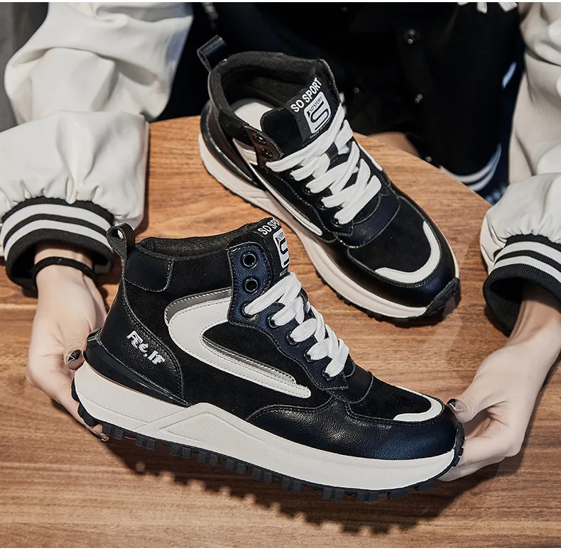 Genuine Leather Sneakers For Women Mixed Color Platform Casual Autumn Winter Warm Plush High Top Sports Shoes_voghion.com