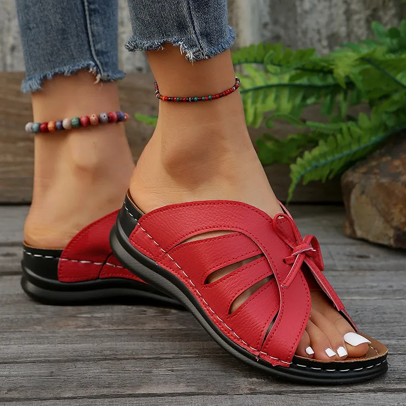 Vintage Lucyever Knowknot Plateau-Slides Schuh Damen Leichte weiße Keilpantoffeln Damen Strandsandalen mit weicher Sohle_voghion.com