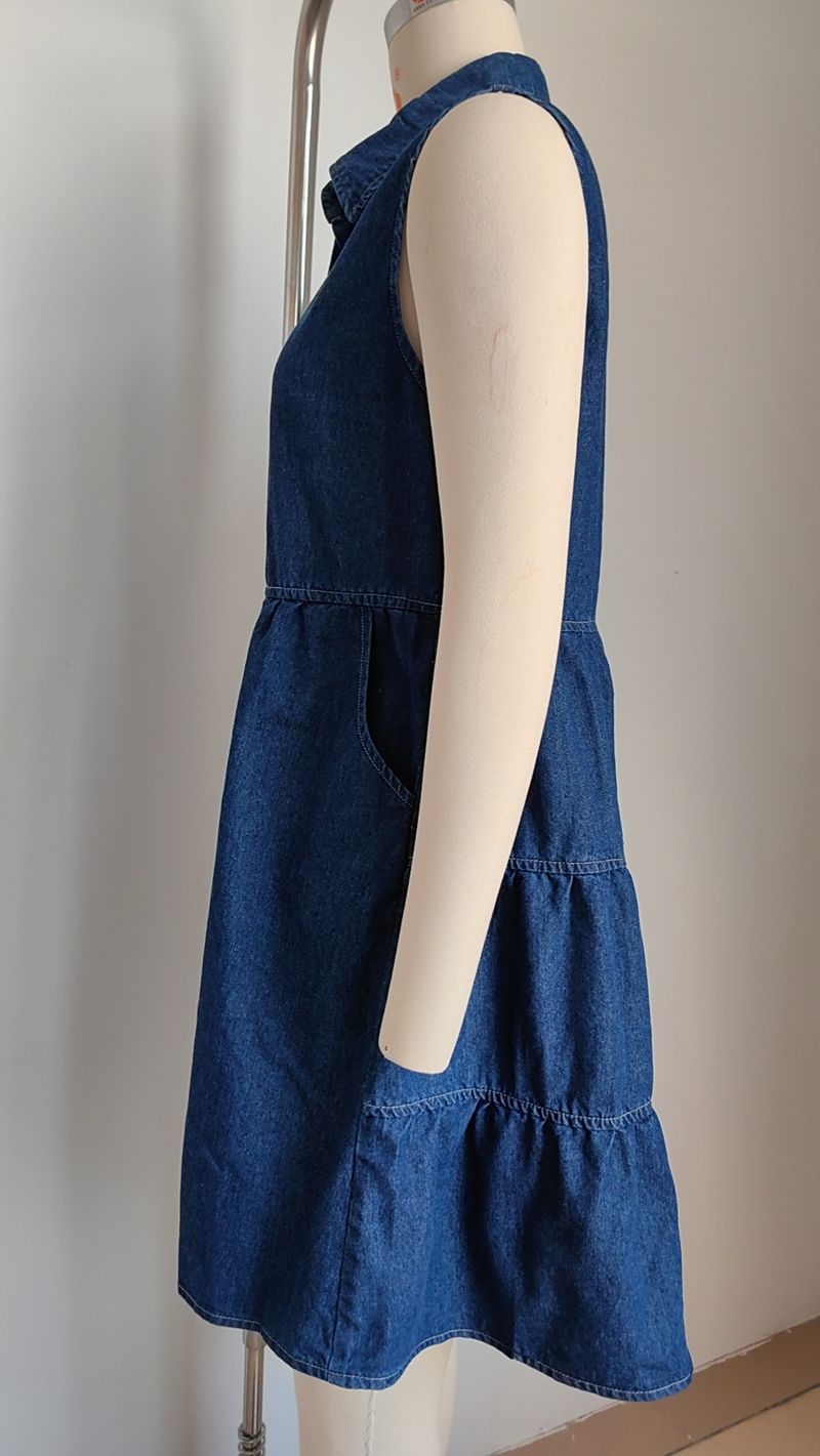 Damenbekleidung, gewaschenes, ärmelloses, lockeres Denim-Spleißkleid, trendig_voghion.com