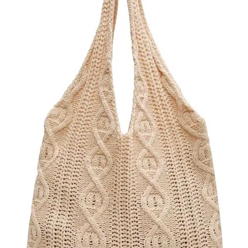 New Vintage Wool Knitted Hand Woven Shoulder Bag For Women Casual Shopping Handbag Large Capacity Female hetC241105_voghion.com