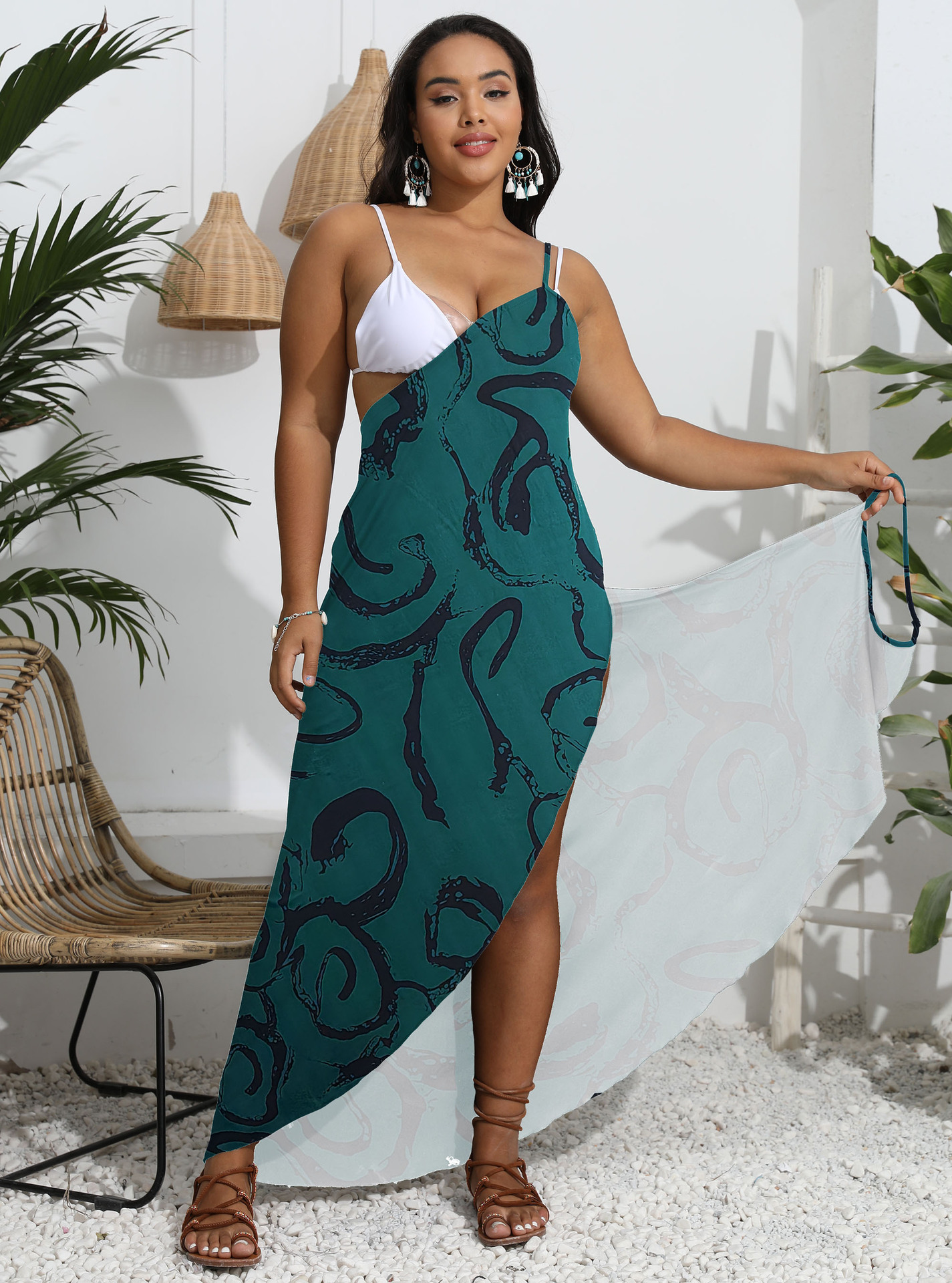 large size women's clothing printed one-piece shawl multi-wear beach dress irregular suspender dress_voghion.com
