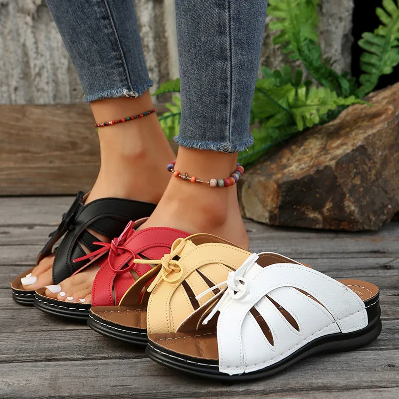 Vintage Lucyever Knowknot Plateau-Slides Schuh Damen Leichte weiße Keilpantoffeln Damen Strandsandalen mit weicher Sohle_voghion.com