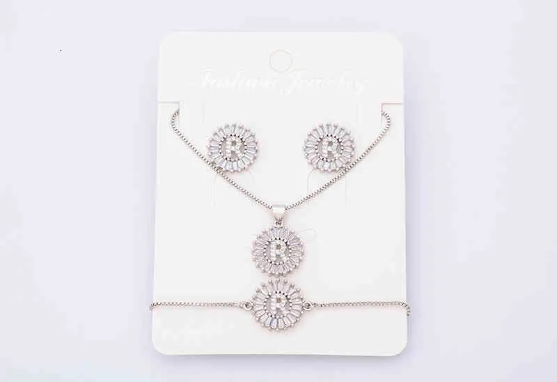 Charm Initial Necklace + Stud Earrings Bracelet Sets Jewelry Copper Zircon White Color A-z 26 Letters Alphabet_voghion.com