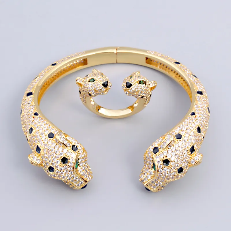 sier Gold Double Headed Leopard Torque Square Dia Bracelet Designer Bangle Gear Jewelry Femme Set Women Men Couple_voghion.com