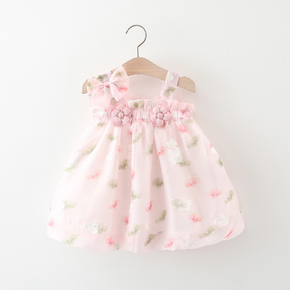 Babymeisje zomer chiffon jurk bloem geborduurd gele jurk Koreaanse stijl kinderkleding_voghion.com