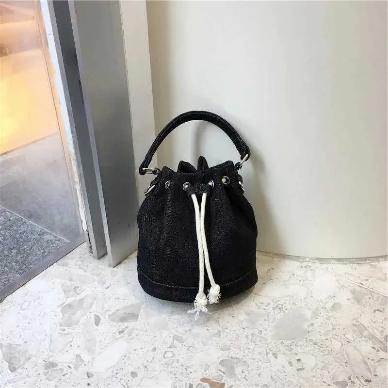 Women Fashion Denim Bucket Solid String Handbags Casual Mini Crossbody Bags Female All-matched Messenger PackC241212_voghion.com