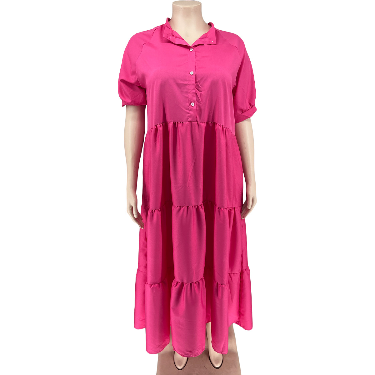 Abito con risvolto casual con bottoni alla moda da donna taglie forti_voghion.com