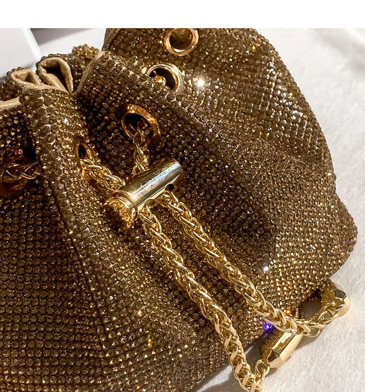 Gold Dia Abend Kupplung Hochzeit Party Designer Shiny Rhie Eimer Geldbörse Frauen Handtasche Schulter Messenger Tasche_voghion.com
