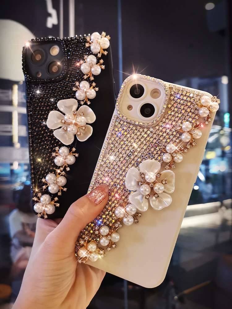 Suitable for 14/15 with diamond phone case iPhone 12/13 Pro Shell Pearl Flower Full Pack Silicone 11 Women's 8_voghion.com