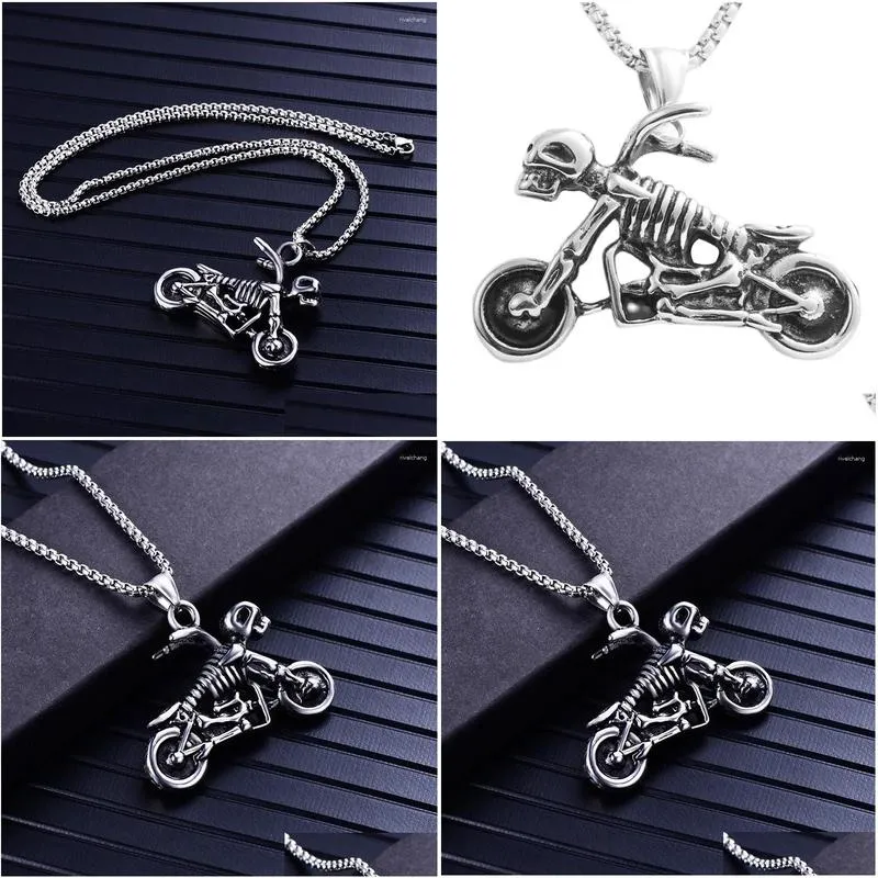 Collier pendentif squelette moto en acier titane pour homme_voghion.com